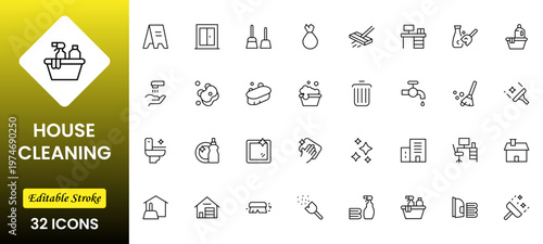  Home Cleaning Clean up the house. Washing floors, windows, dishes clothese,s and line. Sweeping the floor and wiping dust. Outline icon collection. Pictogram