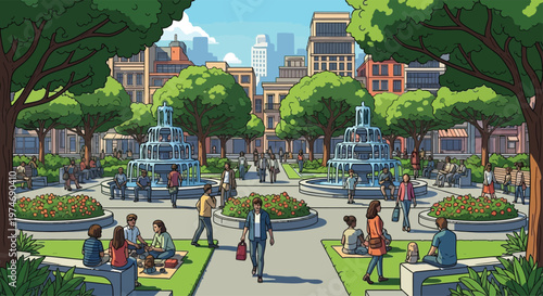 People enjoying a sunny day in a vibrant city park.