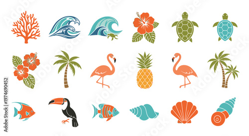 Tropical Summer Beach Elements Collection Vector Illustration.
