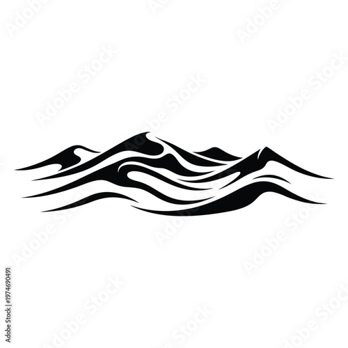 Black silhouette of wavy desert sand dunes against a white background