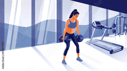 Contemporary gym illustration with strength training equipment and a focused athletic atmosphere. Clean layered design and bright accents support a modern health and workout concept.