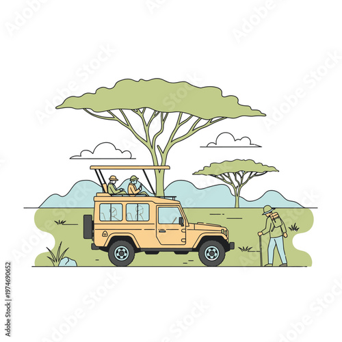 Safari Jeep with Tourists and Guide in African Savannah.
