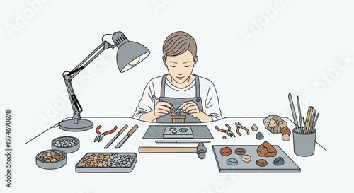 Person meticulously crafting jewelry at a well-equipped workbench.