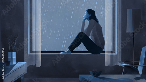 Mental Health Isolation Scene. Emotional Burnout Background illustration with lonele woman on a window.