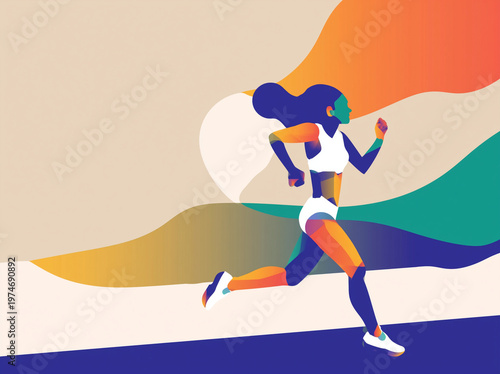 Stylized female runner illustration with bold shapes and an expressive athletic posture. Modern editorial design and vivid contrast make this image suitable for fitness branding projects.
