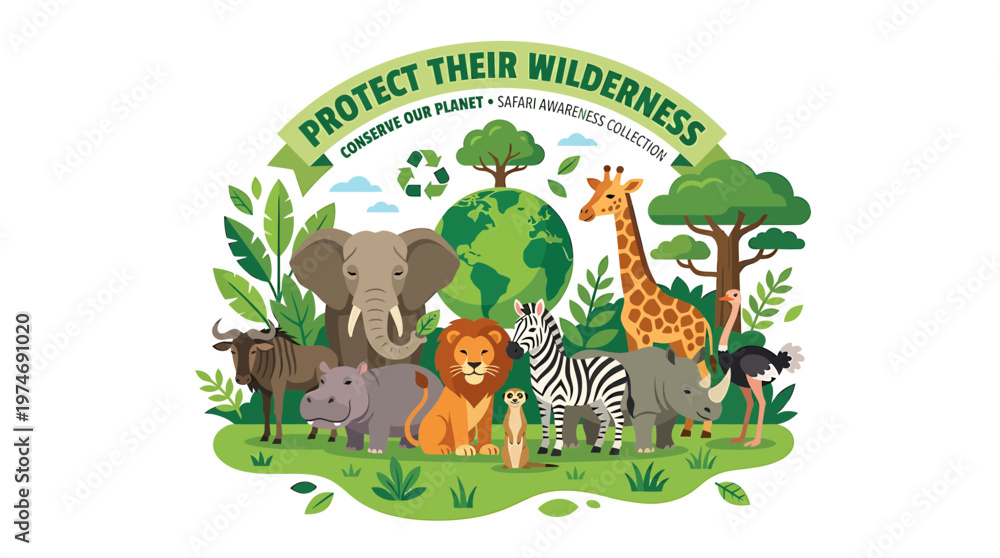 Naklejka premium Diverse African Wildlife and Planet Earth Illustration for Conservation Theme