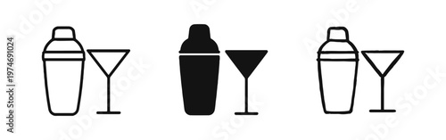 Cocktail Shaker and Martini Glass Icons: Bar Tools and Drink Symbols in Outline, Solid, and Hand-Drawn Styles