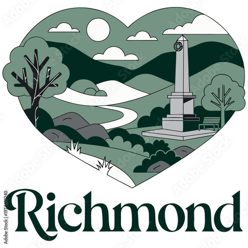 Richmond Travel Illustration with Heart-Shaped Scenic Landscape and Monument - Vintage Style Vector Design for Souvenirs, Postcards, and Local Tourism