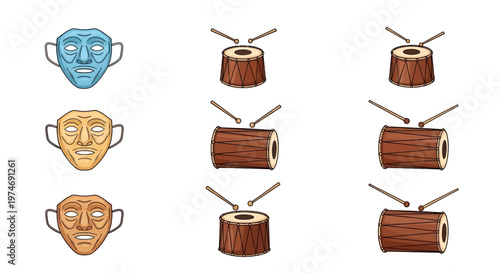 Traditional dhol drums with wooden sticks and theater masks for cultural festival performance vector design.