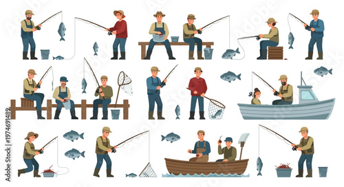 Diverse Fishing Scenes: People Enjoying Hobby, Catching Fish, Boats, and Riverbank Activities
