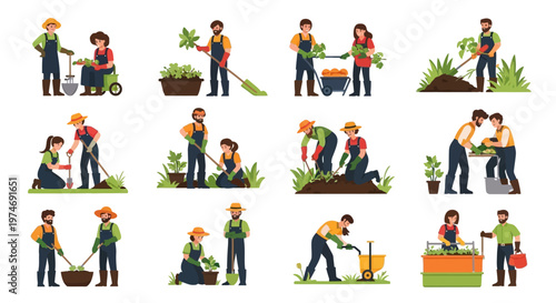 Diverse gardeners tending to plants and vegetables in a vibrant, stylized garden setting.