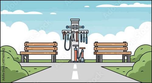 Public Park Bicycle Repair Station with Benches.