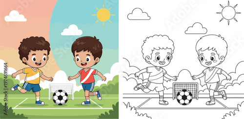 kids playing foot ball outdoor cartoon vector illustration of children learning kid color book clipart and lineart