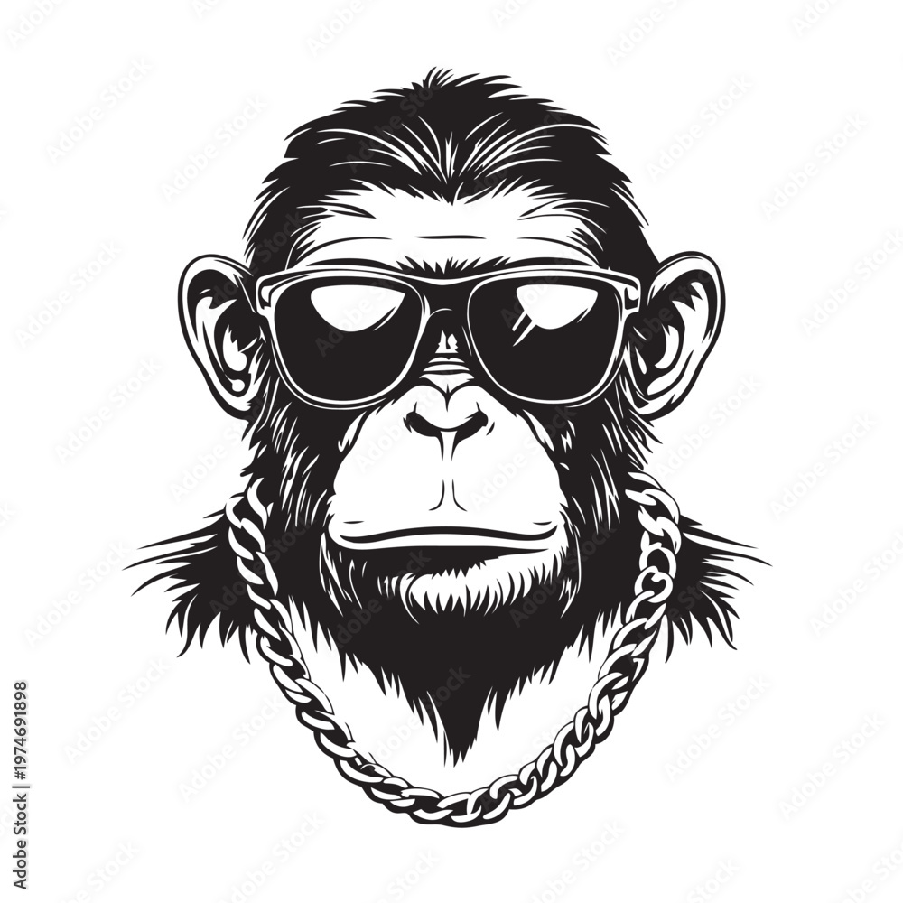 Fototapeta premium vector illustration of a monkey with a chain necklace and sunglasses