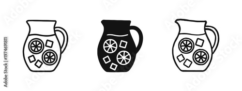 Lemonade Pitcher Icons: Refreshing Drink with Lemon Slices and Ice in Outline, Solid, and Hand-Drawn Styles