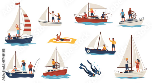 Diverse group enjoying sailing, swimming, and relaxing on boats in the sea