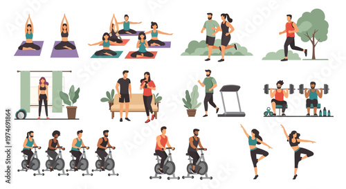 Diverse Group Exercising: Yoga, Running, Weightlifting, Cycling, Dancing