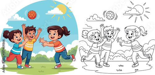 kid playing ball outdoor cartoon vector illustration of children learning kid color book clipart and lineart