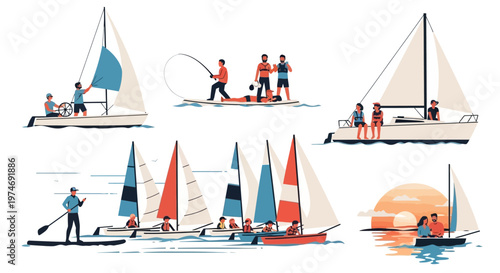 Diverse group enjoying water activities: sailing, paddleboarding, fishing, sunset boat ride.