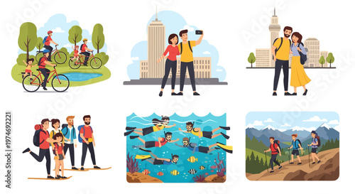 Diverse group of friends enjoying outdoor activities like cycling, hiking, and snorkeling