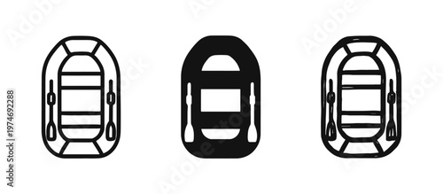Inflatable boat with oars icon set. Rubber raft, dinghy, or kayak vector symbols for water sports and recreation.