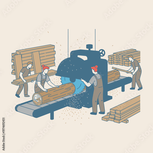 Sawmill workers processing logs with industrial machinery.
