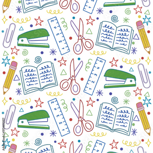 Back to School Seamless Pattern with Hand Drawn Stationery Doodles and Education Elements