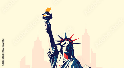 Stylized illustration of the Statue of Liberty with New York City skyline in background, symbolizing freedom and democracy.