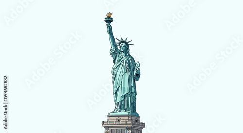 The iconic Statue of Liberty, a symbol of freedom and democracy, stands tall against a clear, bright sky, showcasing its distinctive copper-green patina.