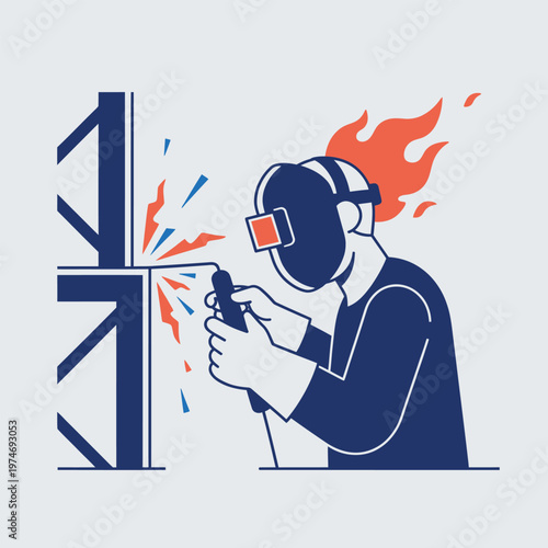 Welder working on metal structure with sparks and flames.