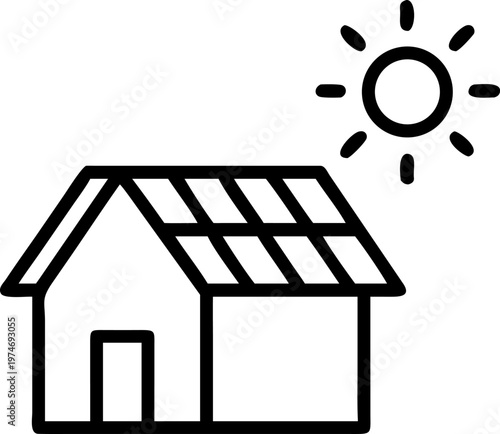 Renewable energy outline vector icon of house with solar panels, symbol of sustainable living and clean power.