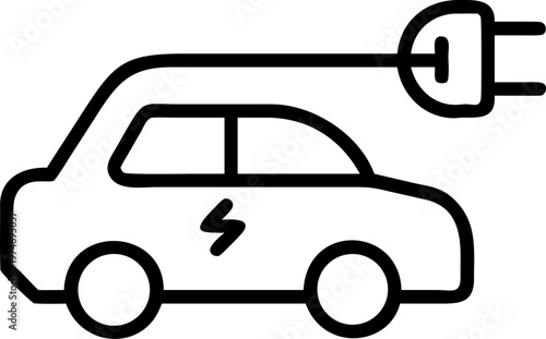 Renewable energy outline vector icon of electric car with plug, symbol of sustainable transport and clean power.