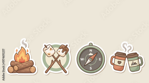 Campfire friends toasting mugs, roasting marshmallows, and navigating adventures