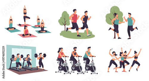 Diverse group of people engaged in various fitness activities, including yoga, running, and gym workouts.