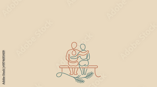Two friends embracing on a bench, represented by minimalist line art, conveying warmth and connection.