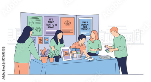 People interacting at a community event booth.