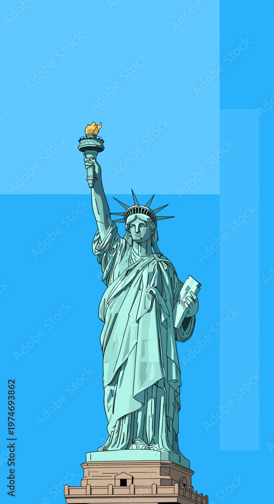 Fototapeta premium Stylized illustration of the Statue of Liberty against a vibrant blue background, showcasing the iconic monument of freedom and democracy.