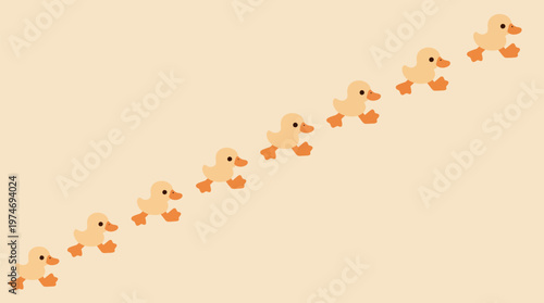 A line of cute yellow ducklings marching diagonally