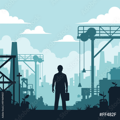 Silhouette of a man in hard hat holding a briefcase.