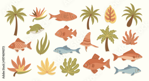 Tropical Underwater Life Collection with Palm Trees.