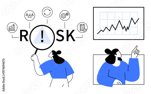 Business strategy, data analysis, investment risk, decision-making, problem-solving, market forecasting. Person examining risk factors and pointing to data charts. Risk management and data analysis
