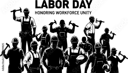 Set of Construction Worker Silhouettes with Tools. Labor Day Concept vector illustration