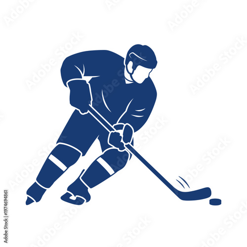 Canvas Print Blue ice hockey player with stick and puck silhouette