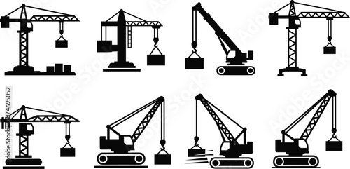 Construction Crane Silhouette Icon Set with Tower Cranes Mobile Lifting Equipment Industrial Machinery Symbols for Building Engineering and Infrastructure Design Projects