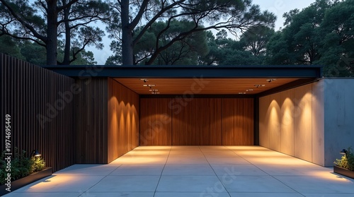 A sleek modern covered carport at twilight, featuring warm wood-paneled walls, recessed lighting, concrete flooring, and a backdrop of tall mature trees.