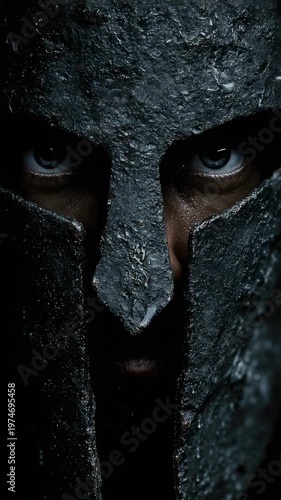 Warrior wearing a dark helmet stares directly at the camera with focus and intensity in a dimly lit setting