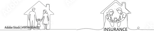 Family Home Insurance Protection Continuous Line Illustration with Parents Child House Safety Coverage Concept for Real Estate Security and Financial Protection Design Projects