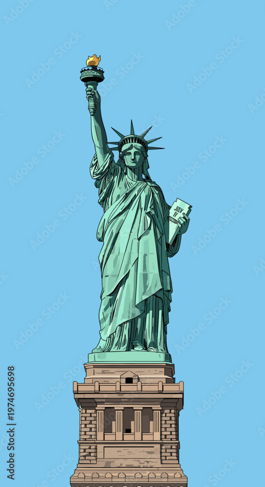 Fototapeta premium The iconic Statue of Liberty, a colossal neoclassical sculpture on Liberty Island in New York Harbor, United States, holding a torch and tablet.