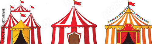 PrintColorful Circus Tent Vector Illustrations with Red, Yellow, and Orange Stripes, Flags, and Entrances for Funfair Designs