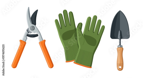 Gardening tools set with pruning shears, gloves, and trowel